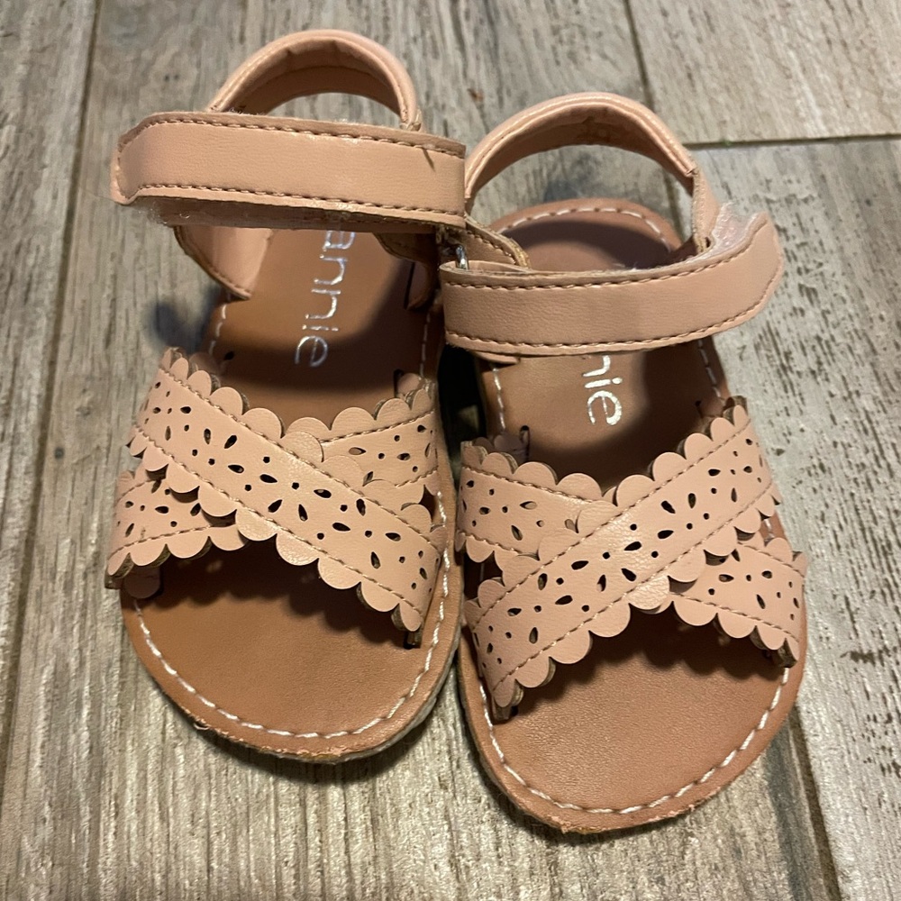 Annie toddler girl tan beige summer sandal with Velcro close open toe size 5